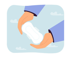 Aufkleber - big human hands holding sanitary napkin. person with pad for women on period flat vector illustratio