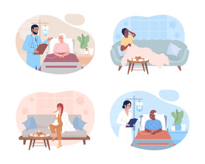 Poster - Hospital and domestic treatment 2D vector isolated illustrations set. Medicine flat characters on cartoon background. Therapy colourful editable scenes for mobile, website, presentation collection