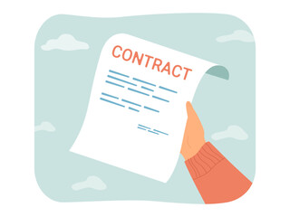 Poster - Hand holding sheet of paper with word contract. Person with agreement, job application or legal document flat vector illustration. Agreement, business concept for banner, website design, landing page
