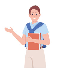Poster - Happy student posing with book semi flat color vector character. Editable figure. Full body person on white. Studying simple cartoon style illustration for web graphic design and animation