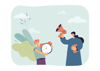Aufkleber - Teacher with megaphone and school boy holding big alarm clock. Woman giving homework to student flat vector illustration. Education, time management, deadline concept for banner or landing web page