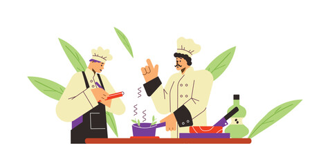 Mustachioed chef teaches young to cook flat style, vector illustration