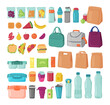 Items for lunch at school or office vector illustrations set. Backpacks and bags, packed healthy meals for picnic or lunch boxes, juice, water bottles on white background. Lunch break, food concept