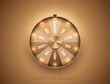 Luxury fortune wheel spin mashine. Cut frame, isolated on golden background. Casino banner design element or icon. Gold sector with led bulb light