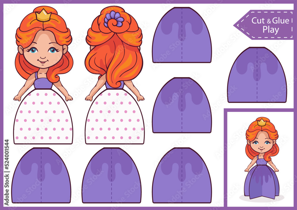 Kids craft template 3d a paper doll princess. Ornament for birthday party. DIY papercraft project. Worksheet for and activity page. Education children game. Vector illustration. Stock Vector Adobe Sto...