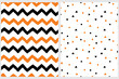 Cool Vector Seamless Patterns with Black and Orange Chevron,Triangles and Dots on a White Background. Irregular Zig Zag Repeatable Print. Hand Drawn Chevron Designs. Simple Geometric Prints.
