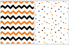 Cool Vector Seamless Patterns With Black And Orange Chevron,Triangles And Dots On A White Background. Irregular Zig Zag Repeatable Print. Hand Drawn Chevron Designs. Simple Geometric Prints.