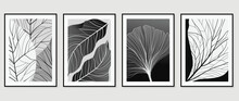 Set Of Abstract Wall Art Vector. Design With Ginkgo, Foliage, Line Art, Leaf Lines, Monochrome, Black, White Color. Botanical Painting For Wall Decoration, Interior, Prints, Cover, And Postcard.