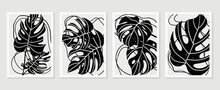 Set Of Abstract Wall Art Vector. Design With Foliage, Tropical Leaves, Monstera, Monochrome, Black, White Color. Botanical Painting For Wall Decoration, Interior, Prints, Cover, And Postcard.