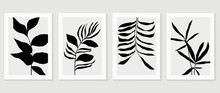 Set Of Abstract Wall Art Vector. Design With Leaf Branch, Leaves, Foliage, Plants, Monochrome, Black, White Color. Botanical Painting For Wall Decoration, Interior, Prints, Cover, And Postcard.