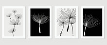 Set Of Abstract Wall Art Vector. Design With Floating Seed, Plants, Dandelion, Monochrome, Black, White Color. Botanical Painting For Wall Decoration, Interior, Prints, Cover, And Postcard.
