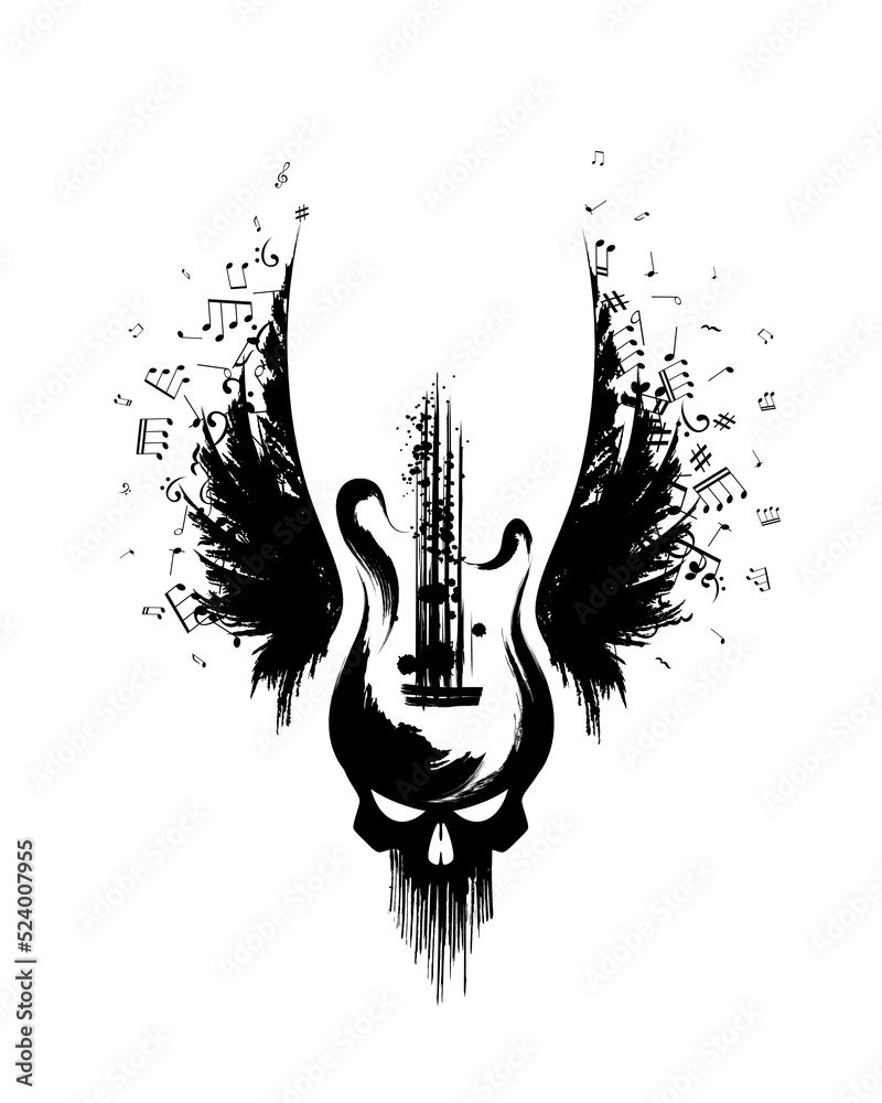 Rock guitar with skull and wings with music notes from ink splashes ...