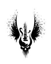 Rock Guitar With Skull And Wings With Music Notes From Ink Splashes . Vector Decoration Element.