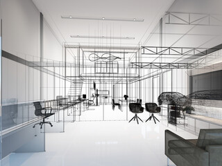 Wall Mural - sketch design of interior office, 3d rendering