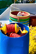 Fishing tackle. Isolated. Copy Space. Fishing equipment on a Greek fishing boat. Focus in the front.  Stock Image.