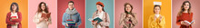 Group of people in autumn clothes and with books on color background