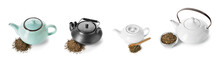 Teapots And Dry Hojicha Tea On White Background