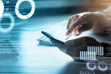 Leinwandbilder - Closeup software developer hands working on phone, typing program code. Digital future SSL language with genius information technology support freelancer writing javascript or UX or UI security data.