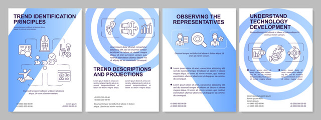 Trend identification blue brochure template. Market research. Leaflet design with linear icons. Editable 4 vector layouts for presentation, annual reports. Arial, Myriad Pro-Regular fonts used