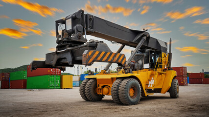 Wall Mural - forklift working in the container cargo yard port loading cargo tank logistic service and transportation concept. forwarder mast