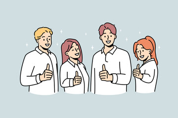 Smiling people showing thumbs up give recommendation to service. Happy team recommend good quality course or work. Employment concept. Vector illustration. 
