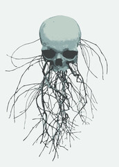 Poster - vector collage of human skull with tree roots. Creative illustration in grunge style, t-shirt print, graffiti