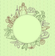 Wall Mural - Hand drawn graphic card frame with mediterranean traditional food ingredients - olive oil and vegetables