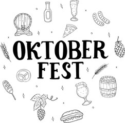 Hand drawn icon set such as beer, barrel, pretzel and more. Vector illustration, doodle style. Lettering Oktoberfest.