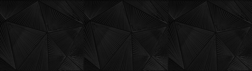 Poster - Abstract dark black triangular mosaic tile wallpaper texture with geometric fluted triangles background banner seamless pattern