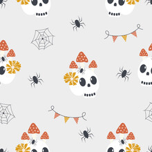 Cartoon Seamless Pattern Happy Halloween. Hand Drawn Skull, Fly Agaric, Spider And Spider Web. Funny Baby Print. Cute Vector Illustration. Nursery Design.