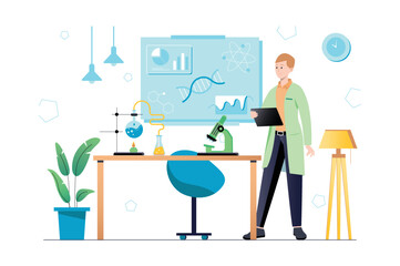 Concept science laboratory with people scene in flat cartoon style. Scientist observes chemical experiments and compares the results in a scientific laboratory. Vector illustration.