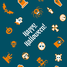 Seamless Pattern For Halloween. Pumpkin, Ghost, Vampire, Coffin And More. Isolated. 