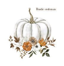 Watercolor Floral Autumn Bouquet With Pastel Pumpkin And Flowers In Rustic Style. Fall Arrangement Illustration, Isolated.
