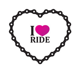 Vector black heart created from long bike chain with text I LOVE RIDE. Isolated on white background.