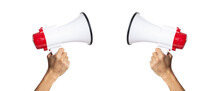 Male Hand Holding A Megaphone On A White Background With Clipping Path