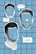Vertical collage illustration of three guy heads drawing face speak communicate dialogue bubble isolated on checkered background