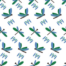 Seamless Pattern With Cute Childish Blue Green Dragonflies And Spots On White Flat Cartoon Style With Watercolor Texture Vector Illustration For Wrapping Paper, Textile, Packaging, Nursery Decoration