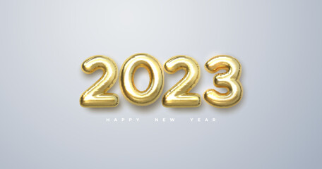 Wall Mural - Happy New 2023 Year. Holiday vector illustration of golden metallic numbers 2023.