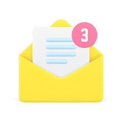 Poster - Incoming three message open paper yellow envelope with letter digital alert reminder 3d icon vector