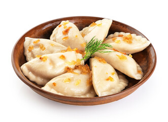 Wall Mural - Dumplings with fried onions isolated on white background. Varenyky, vareniki, pierogi, pyrohy with filling. With clipping path.