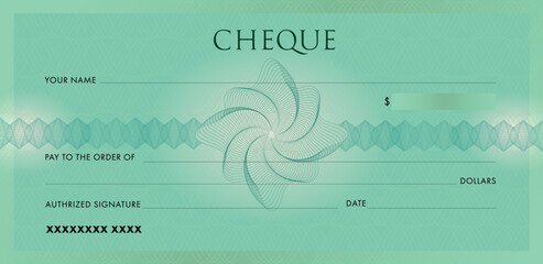 Wall Mural - Green Cheque for Chequebook template. Linear Guilloche pattern with abstract watermark. Elegant background for banknote, money check, currency, bank note, Voucher, Gift certificate. Vector design.