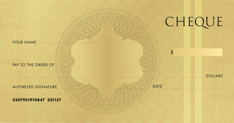 Wall Mural - Golden Check template for Chequebook. Blank gold business bank cheque with guilloche pattern rosette and abstract watermark. Background for voucher, gift certificate, ticket, coupon. Vector design.