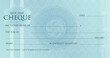 Money Check template, Chequebook paper. Blank blue business bank cheque with guilloche pattern rosette and abstract watermark. Vector Background for voucher, banknote design, gift certificate, ticket.