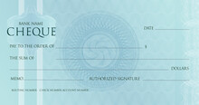 Money Check Template, Chequebook Paper. Blank Blue Business Bank Cheque With Guilloche Pattern Rosette And Abstract Watermark. Vector Background For Voucher, Banknote Design, Gift Certificate, Ticket.