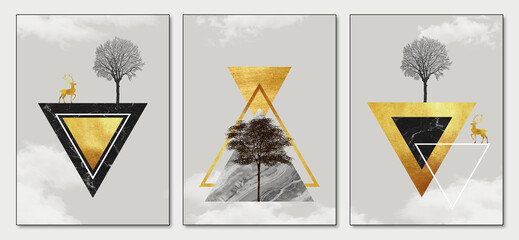  Modern frame wall decor. black and golden marbled triangles shapes, deers, and black trees in the light 3d mural background