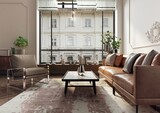 Fototapeta  - Nowoczesne i przestronne  mieszkanie w starej kamienicy. Elegancki i luksusowy salon z wygodną sofą i fotelem zaprojektowany w stylu klasycznym,  vintage i mid-century modern