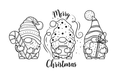 Wall Mural - Cute cartoon Christmas gnomes with box of gift for coloring book.Line art design for kids coloring page. Coloring page outline.