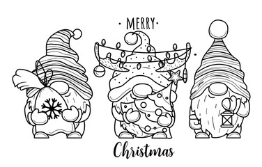 Wall Mural - Cute cartoon Christmas gnome with christmas lights for coloring book.Line art design for kids coloring page. Coloring page outline.