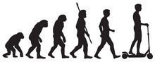 Evolution Of The Human From Darwin To The Scooter. Silhouettes With The Different Steps Of Evolution. Vector Illustration