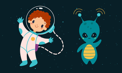 Poster - Space exploration and adventures. Boy astronaut in spacesuit and alien floating in outer cosmos vector illustration